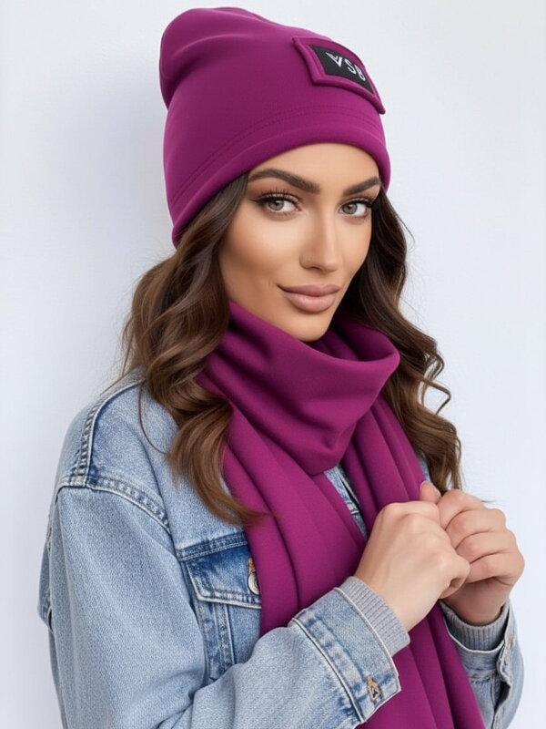 Luxusný teplákový VSB set šál + čiapka slivková