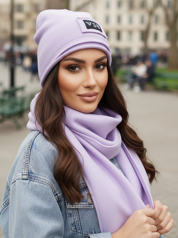 Luxusný teplákový VSB set šál + čiapka lila fialová
