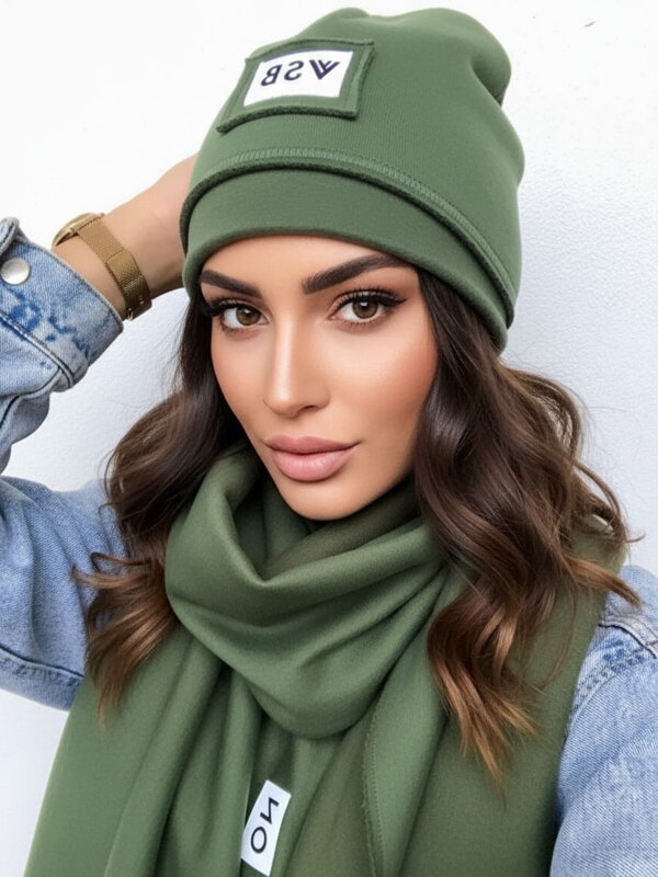 Luxusný teplákový VSB set šál + čiapka olivová