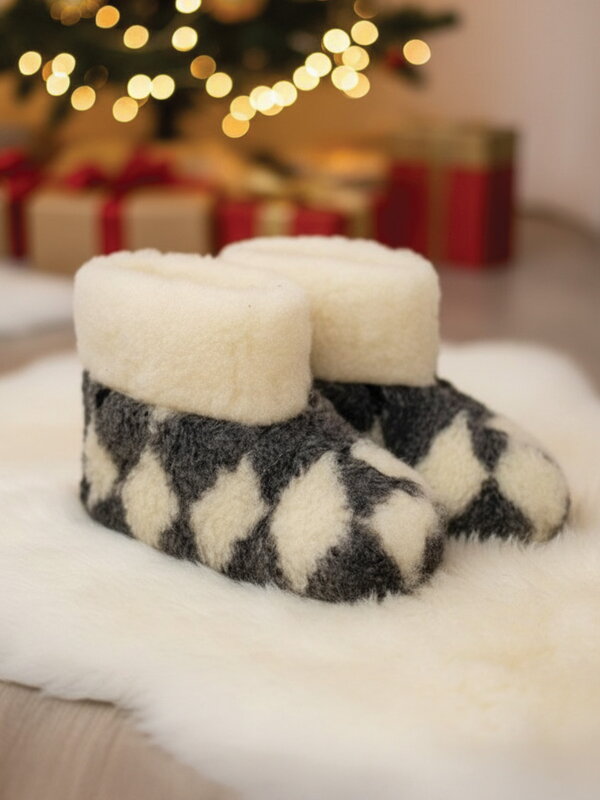 Papuče z ovčej vlny teplučké  model 103 šachovnica