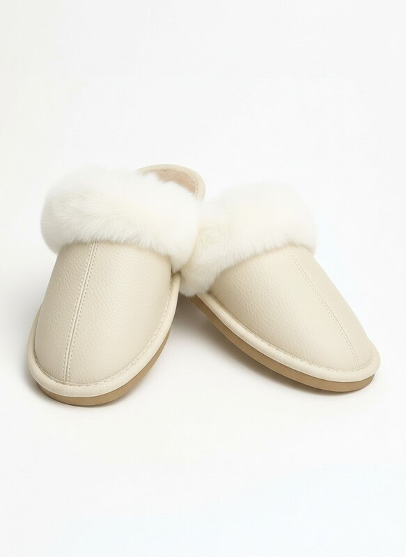 Dámske kožené papuče krémové model 113 s kožušinou 