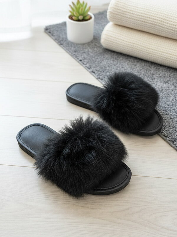 Čierne kožušinkové papuče – luxusné dámske šľapky 55